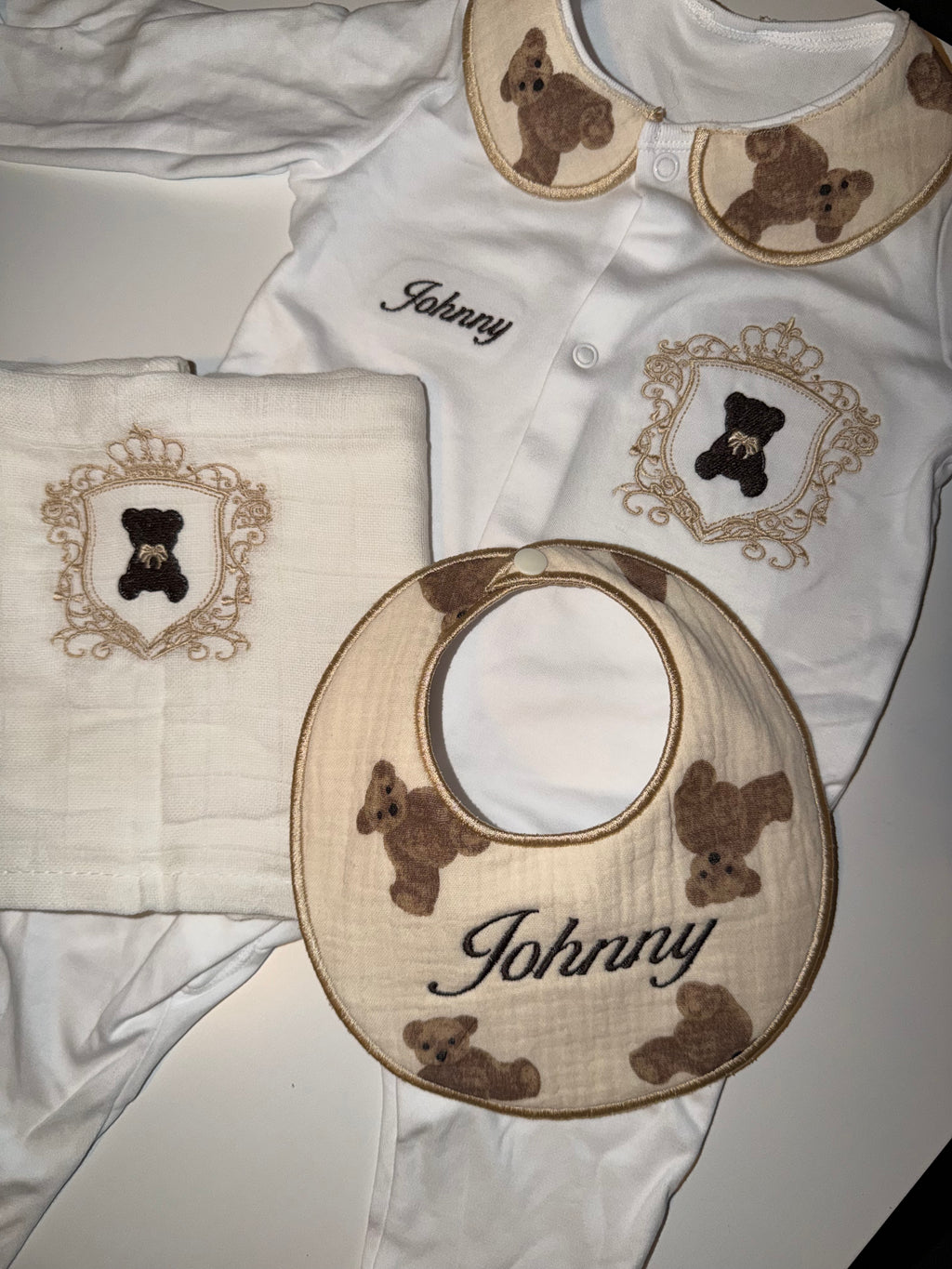 Personalized Collared Bear Baby Grow Set: Gender Neutral Cotton Romper
