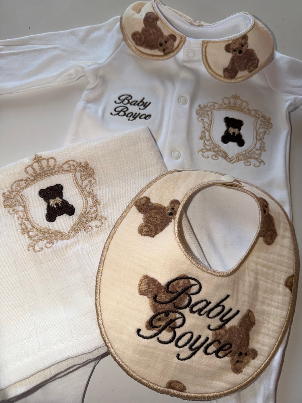 Personalized Collared Bear Baby Grow Set: Gender Neutral Cotton Romper