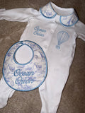 Vintage Safari Baby Set Onesie & Bib 3 Colours Soft Blue Toile Print with Elephants, Giraffes, Hot Air Balloons